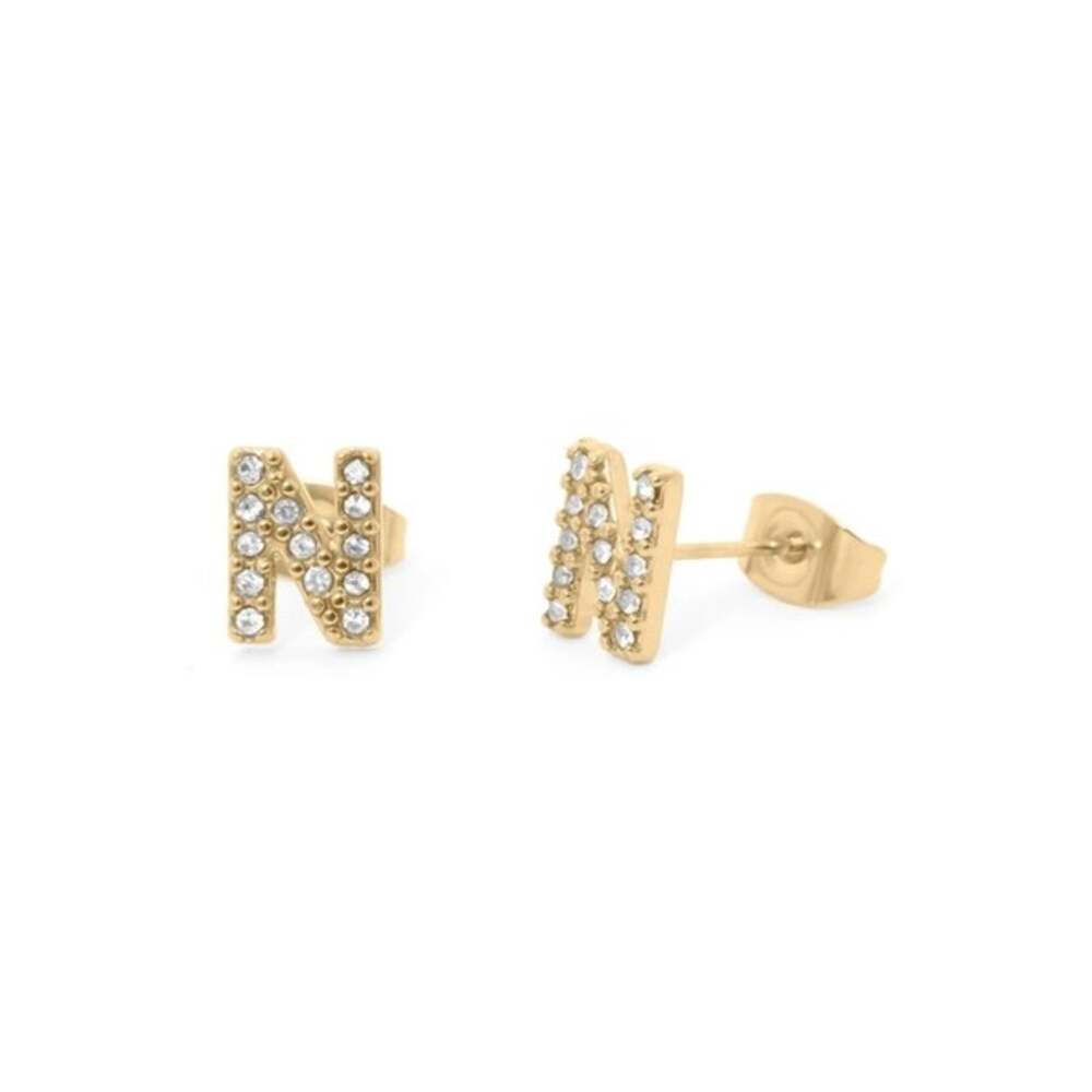 NWT 18K Gold PVD Initial Stud N Earrings Stones Waterproof Tarnish Free Dainty